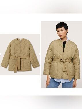 Mango Quilted Belted Jacket - Khaki Beige